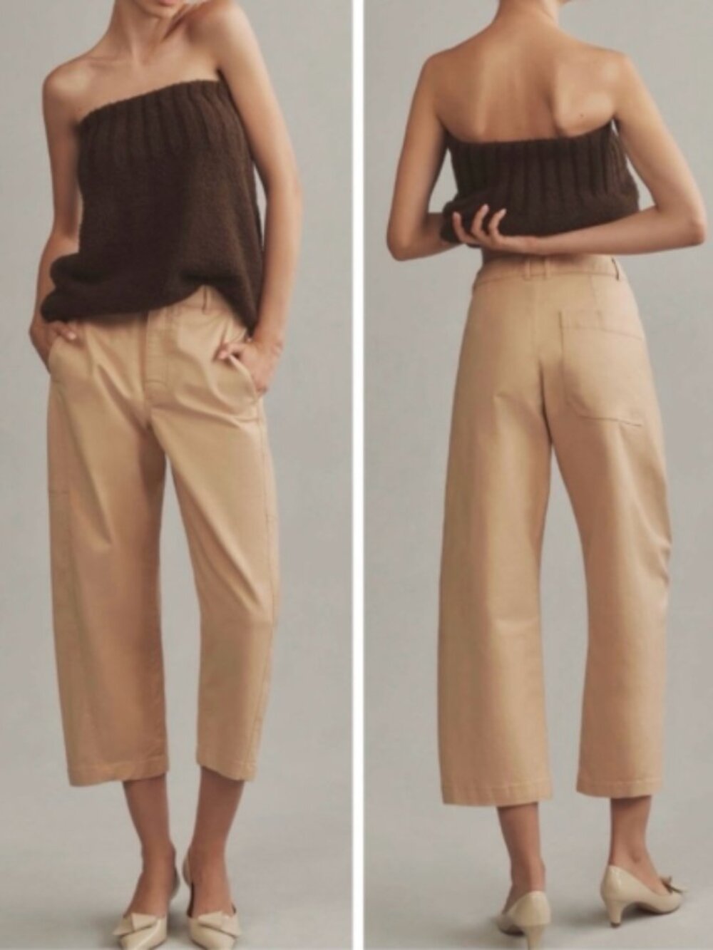 Anthropologie Maeve High Rise Curved Cropped Barrel Leg Chino Pants in Khaki